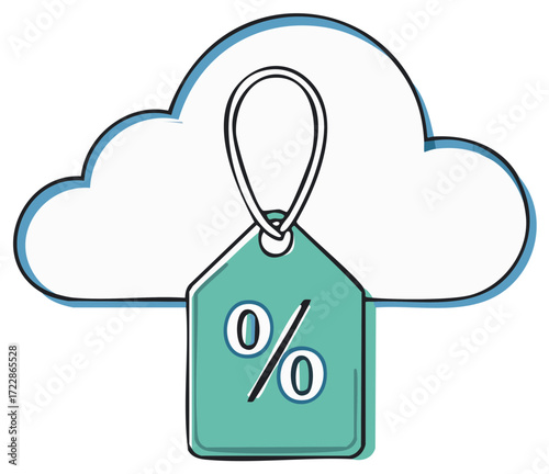 Cloud storage discount tag depicting an online deal with a percentage symbol, for sales and promotional materials