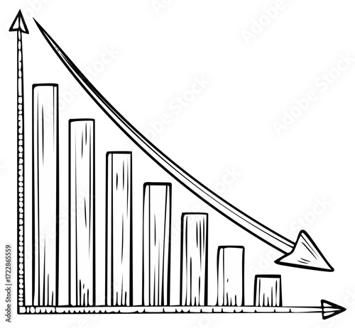 Hand drawn descending bar graph with down arrow indicating decline or loss