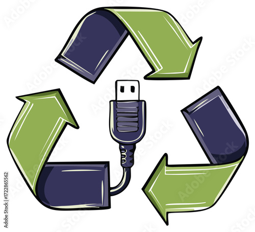 Illustrative Recycling Symbol with USB Cable Connector, Emphasizing Eco-Friendly Tech Practices