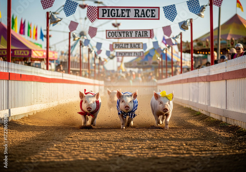 Three piglets wearing costumes race towards the finish line at a country fair piglet race, with banners and tents visible in the background.