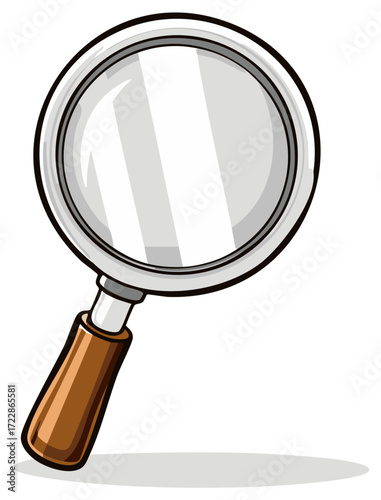 Cartoon magnifying glass with a wooden handle, a vector illustration icon for search, investigation, and discovery.