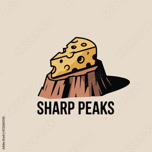 Cartoon illustration of a wedge of Swiss cheese perched atop a tree stump, showcasing a playful, whimsical style with a lighthearted and slightly quirky mood, perfect for branding, packaging