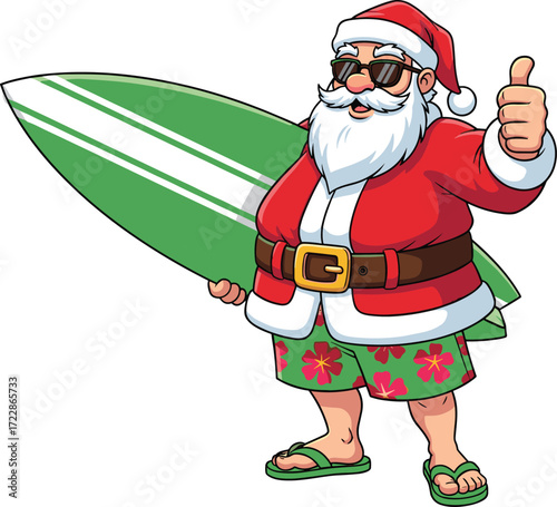 Tropical Santa Claus with surfboard, beach holiday illustration, Christmas vacation artwork, festive character design, summer holiday Santa graphic