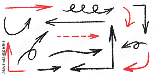 Hand drawn crayon movement arrow collection. Grunge squiggly arrow set. Pencil chalk lines sketch. Color brush scribble element set. Doodle vector illustration.