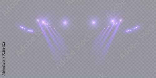 Purple stage spotlights with bright glowing beams on a transparent background, realistic effect of concert or theater lighting.