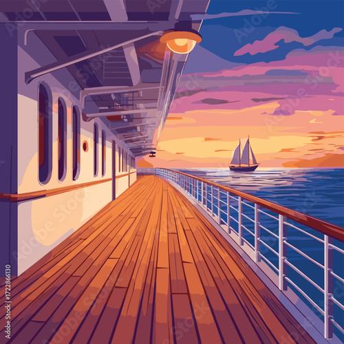 Cruise liner deck or quay on dusk seascape view, empty ship with baluster and wooden floor