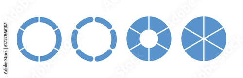 Circle division infographic icon set. Pie chart divided six equal parts. Blue ring, donut round diagram. Infographic wheel segment and fraction. Vector illustration isolated on white background.
