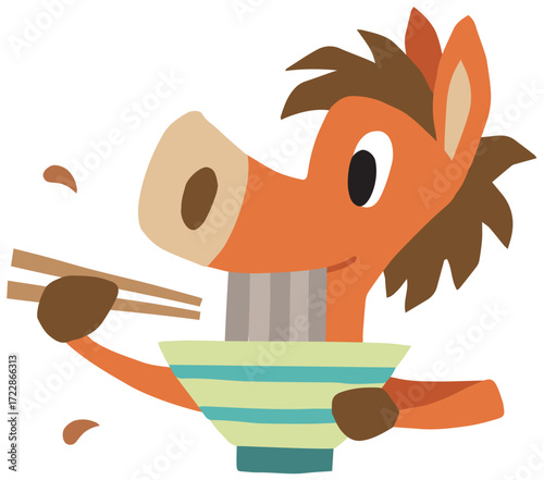 手描きのゆるい馬キャラクター(年末、大晦日、年越し蕎麦)