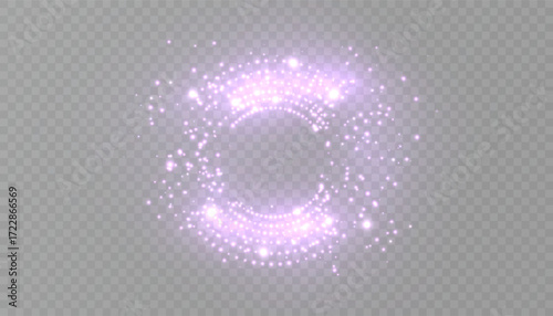 A futuristic purple circular light ring with sparkling digital particles and a glowing aura on a transparent background. Abstract technological effect for HUD design.