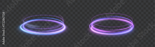 Glowing neon portals, blue-violet podiums with glowing energy halos for dark backgrounds. A futuristic sci-fi effect for digital overlays and game design.