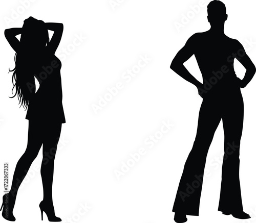 Silhouettes of a fashionable man and woman in stylish poses, perfect for fashion, attitude, modeling, lifestyle, and design concepts.