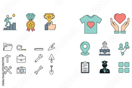 Vector art of collection of sixteen diverse icon, representing various concepts such as success, work, and community, each with a unique design and style