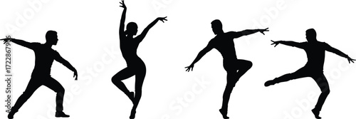 Silhouettes of male and female ballet dancers in dynamic dance poses, perfect for performance, choreography, stage art, and creativity.