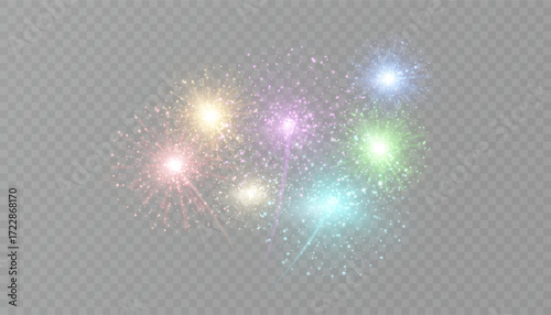 Colorful fireworks explode with sparkling highlights and bright particles on a transparent background. Festive light explosions for holiday overlays, party decorations, greeting cards, and banners.
