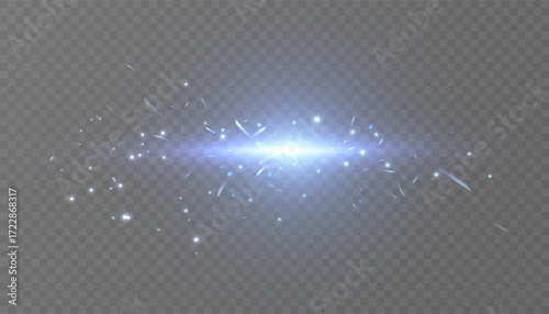 A vibrant blue-white flash of light with glowing particles and scattered sparks on a transparent background. An abstract light explosion for modern design accents.