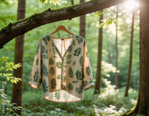 A garment hanging from a tree branch in a serene forest. The fabric is woven from sus