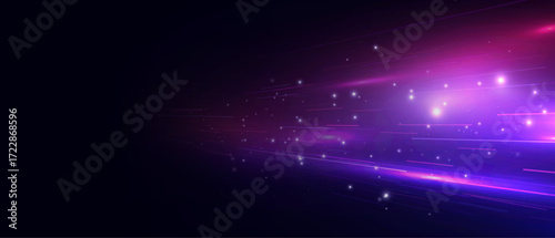 Background with bright light lines and sparks with an acceleration effect in purple tones on a dark background. Vector light background effect for design and overlays.