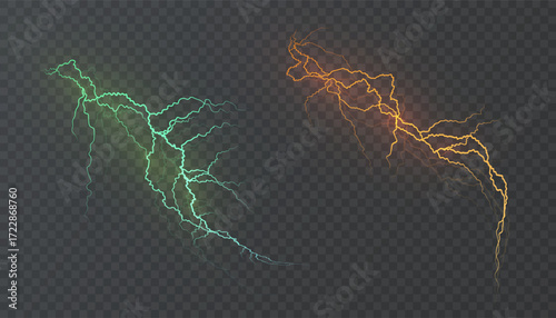 Vector yellow and green lightning bolts isolated on a transparent background for design and illustrations.