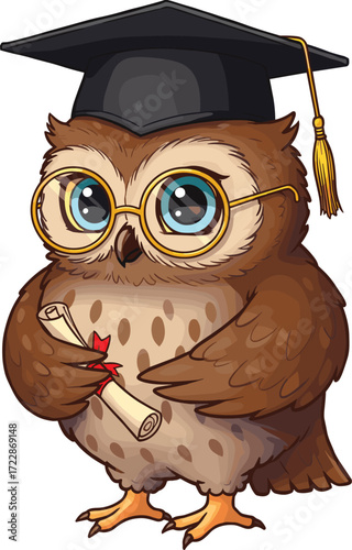 Cartoon owl with graduation cap, academic success mascot illustration, wise bird artwork, education achievement design, scholarly diploma character graphic