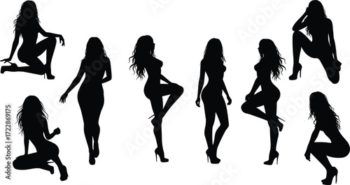 Silhouettes of fashionable women posing in high heels, stylish figure models, feminine fashion posture collection, elegant confident body shapes.