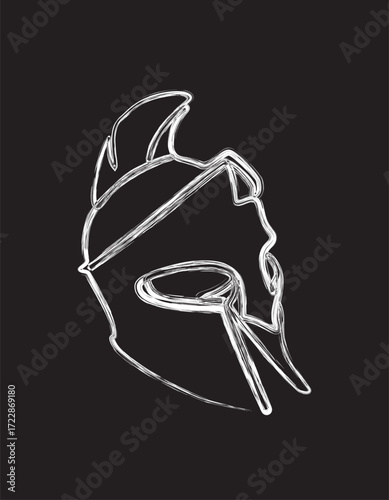 Spartan warior helmet brush painting illustration. Art drawing of roman wario helmet for poster or wall decoratioin.
