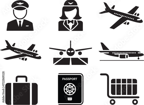 Black and white icons of airplane pilot flight attendant passport luggage and airport cart aircraft