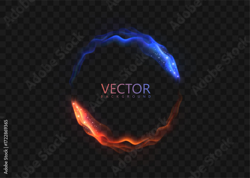 Two opposing streams of blue and red light form an energetic ring with dynamic strokes and sparks against a transparent background. An abstract symbol of opposition, duality, and the clash of forces.