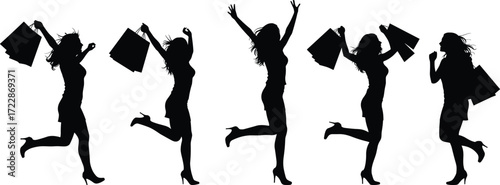 Silhouettes of a joyful woman running and celebrating with shopping bags, showcasing fashion, shopping spree, happiness, and consumer lifestyle
