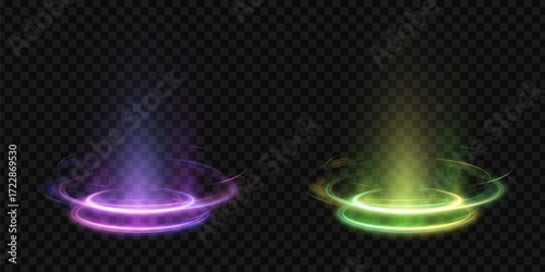 Glowing neon portals, purple and green podiums with glowing energy rays on a transparent background. Futuristic sci-fi effect for digital overlays, game design, teleportation visual effects.