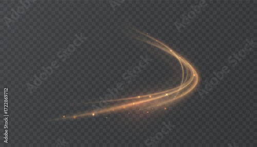 A bright, golden, curved light line with shimmering glitter and fine sparkles on a transparent mesh. A dynamic, luminous arc for sci-fi overlays, fantasy fragments, and game interfaces.