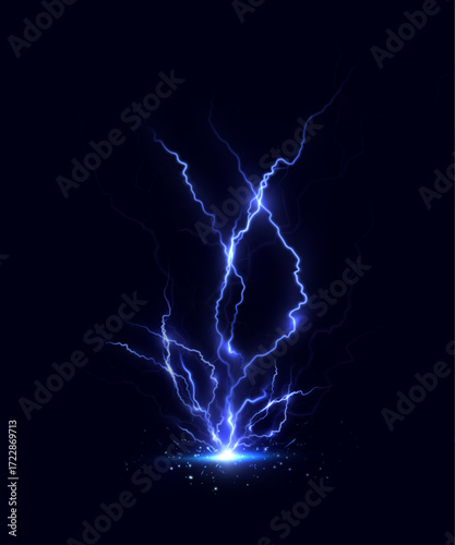 Blue electric lightning discharges and glow on a dark background. Vector energy effect of bright realistic lightning in vertical projection.