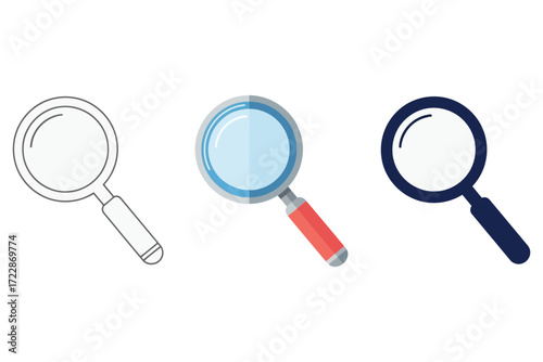 Vector art of this vector image features three magnifying glasses, each in a different style, the first is a simple outline, the second is colored, and the third is solid