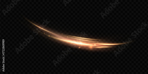 A golden curved light strip with glowing edges and subtle glitter on a dark, transparent mesh. A dynamic arc effect for sci-fi overlays and gaming accents.