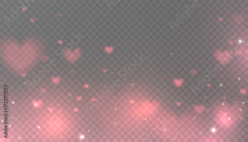 Glowing orange hearts with a bokeh effect, soft blur, and glitter scattering on a transparent background. A background lighting effect for Valentine's Day, wedding designs, and holiday overlays.