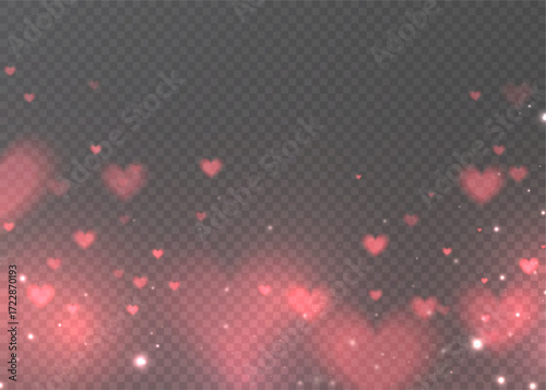 Pink glowing hearts with sparkles and sparks on a transparent background. Vector romantic element for background overlays.