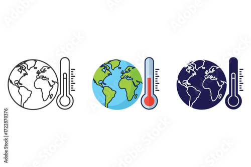 Vector art of global warming concept earth globe with thermometer showing high temperature climate change and environmental issues rising sea levels and extreme weather