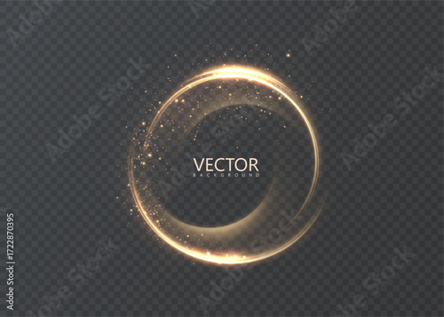 A golden glowing circular stroke with shimmering particles and a soft sheen on a transparent mesh. An abstract swirl halo for futuristic overlays, cosmetic accents, sci-fi frames, banners, and logos.