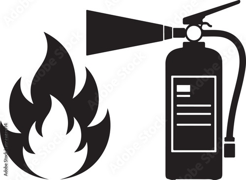 Black fire extinguisher icon next to stylized black flames on white background safety emergency