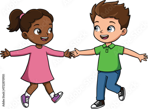 Cartoon children holding hands, happy friendship illustration, diverse kids artwork, playful childhood design, cheerful boy and girl character graphic