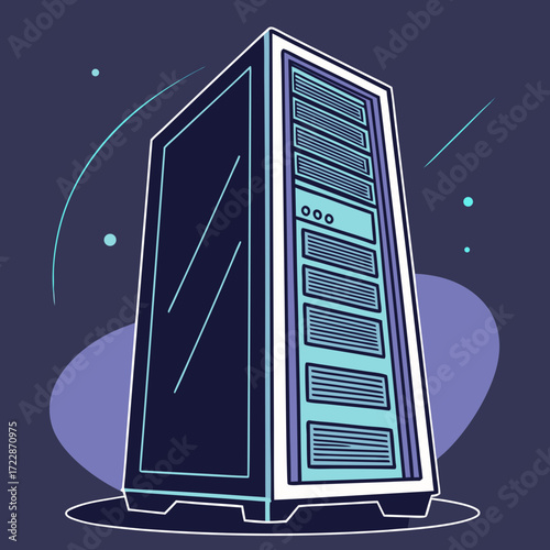 Illustration of a modern server tower with a sleek design, showcasing the power and efficiency of data processing in a digital age