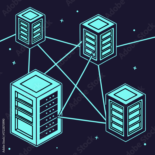 Illustration of interconnected server cubes forming a network, symbolizing the power of distributed computing and data management in the digital age