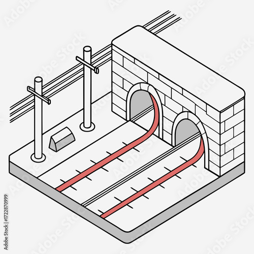 Vector art of isometric illustration of a railway tunnel with overhead power lines, representing transportation infrastructure and rail transport in a clean and minimalist style
