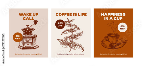 Hand drawn vintage coffee shop poster set with barista, coffee mill, beans  and branch. Cafe menu, packaging design. Whimsical sketch vector illustration.