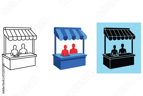 Illustration of a market stall with two people inside, available in line art, color, and silhouette, perfect for illustrating commerce and trade