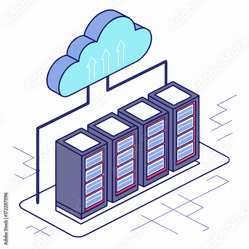 Vector art of isometric illustration depicting a cloud server setup, showcasing data storage and network infrastructure, ideal for technology and cloud computing themes