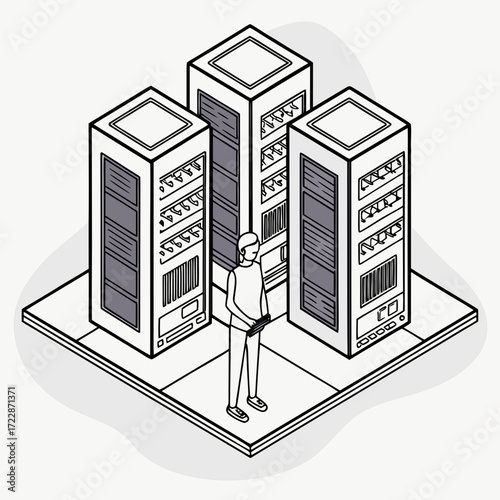 Vector art of isometric illustration of a man standing in front of three server racks, the server racks are tall and contain various computer equipment and components