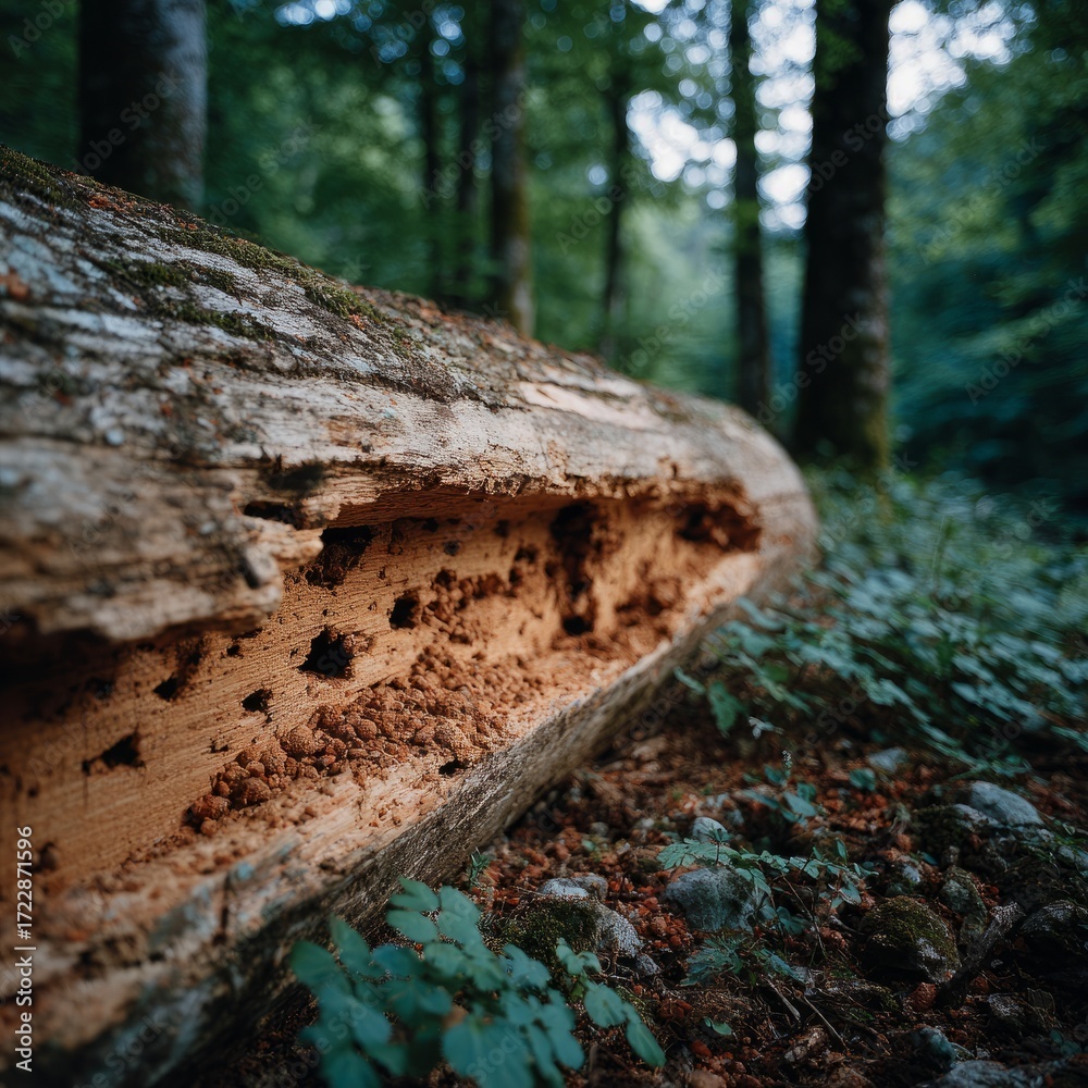 Fototapeta premium Decaying fallen tree in a lush forest setting.