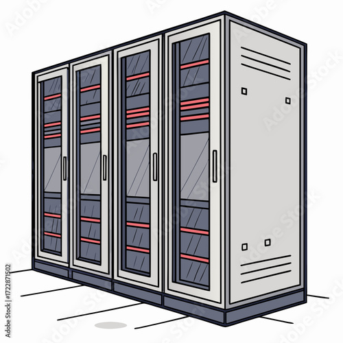 Illustration of a row of server racks with glass doors, the racks are filled with computer equipment and components, and the doors allow for easy monitoring