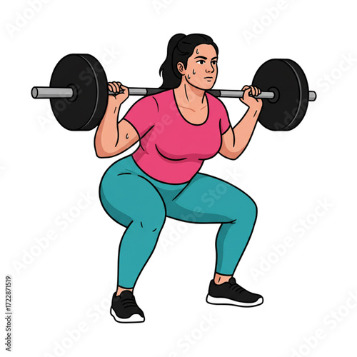 Cartoon illustration of an overweight woman lifting barbell in squat exercise, fitness and body positivity concept showing strength training, weightlifting, sport activity