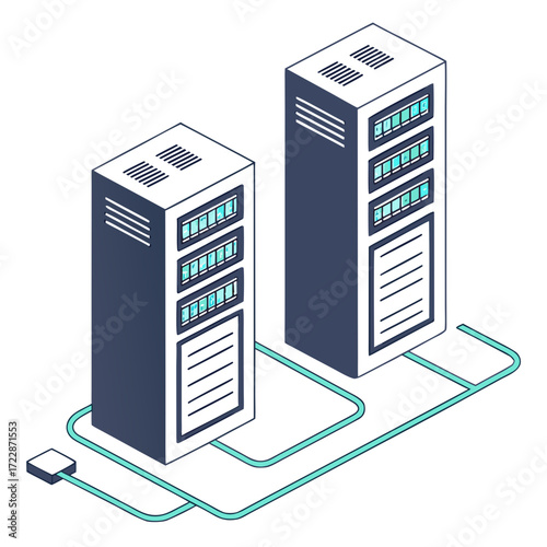 Vector art of isometric illustration of two server racks connected by cables depicts data storage, networking, and information technology infrastructure